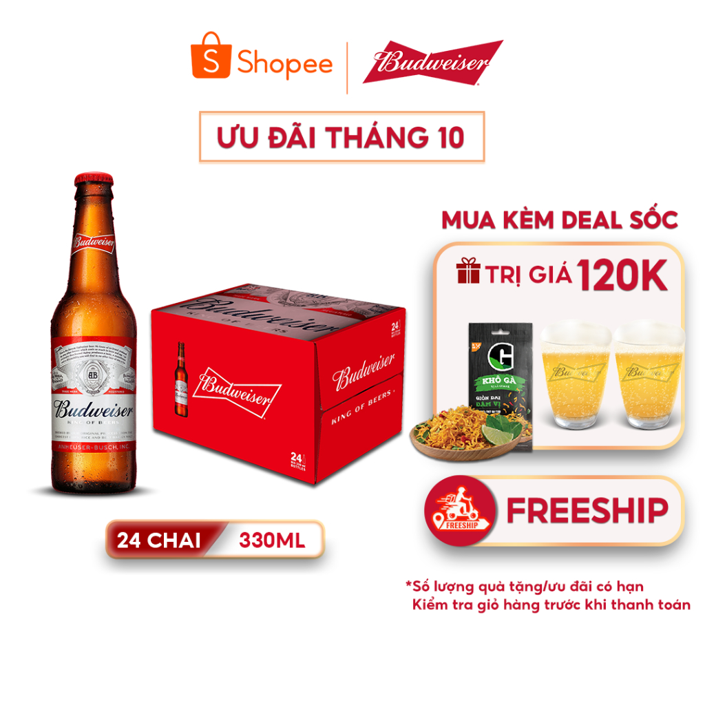 Thùng 24 Chai Bia Budweiser Chính Hãng (330ml/Chai)