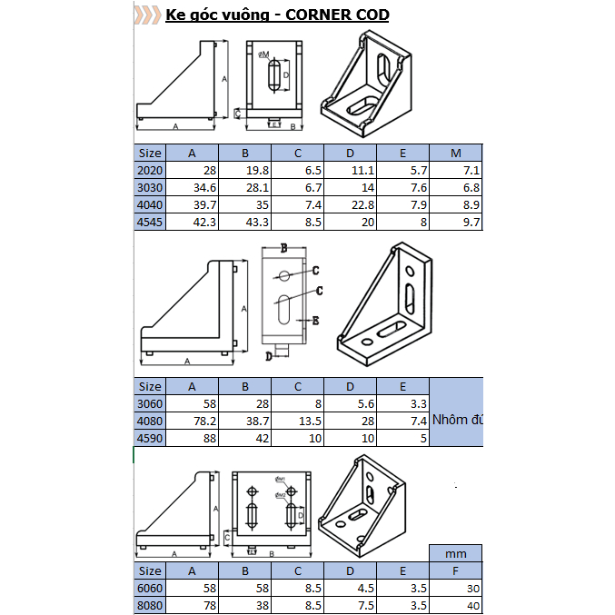 Ke góc vuông nhôm định hình băng tải 20x28, 30x30, 40x40, 30x60, 40x80, 60x60, 45x45