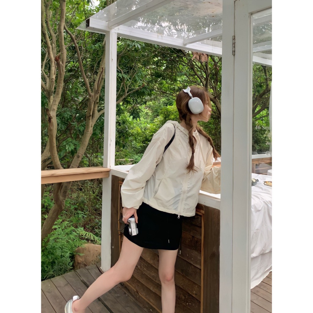 Áo Khoác Gió Nữ Dáng Basic Phối Mũ Dây Rút 4 Màu Siêu Xinh