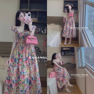  Đầm váy nữ voan hoa nhí dáng xòe công chúa họa tiết chạy mocking thân trước thân sau nhún ngực sang chảnh