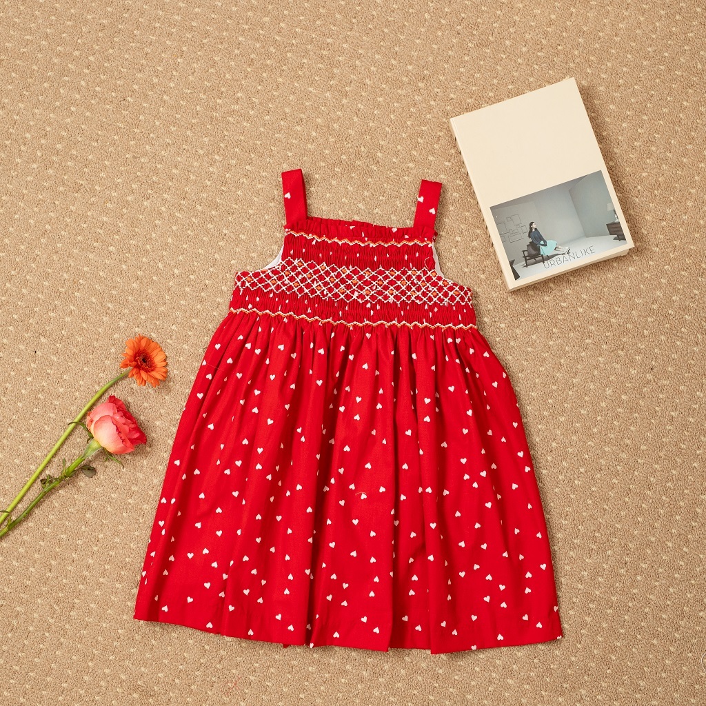 Váy đầm smock bé gái mùa hè linen cao cấp  thêu móc xích tiểu thư 2 dây