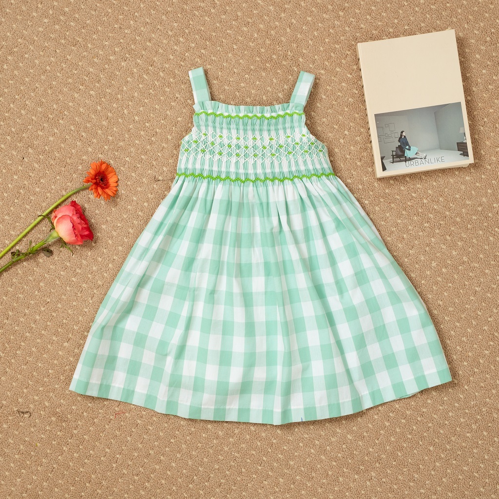 Váy đầm smock bé gái mùa hè linen cao cấp  thêu móc xích tiểu thư 2 dây