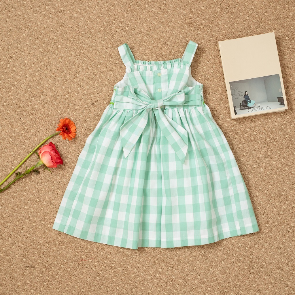 Váy đầm smock bé gái mùa hè linen cao cấp  thêu móc xích tiểu thư 2 dây