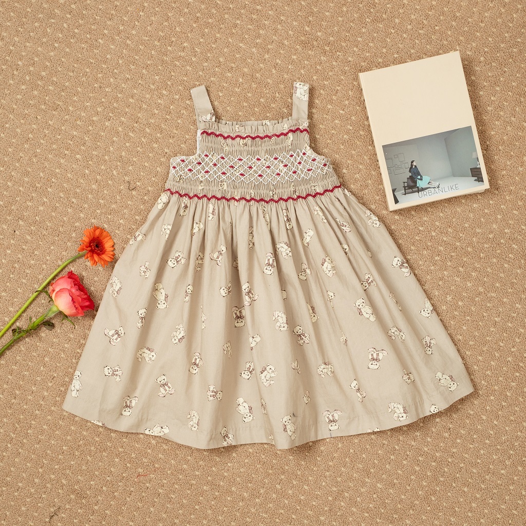 Váy đầm smock bé gái mùa hè linen cao cấp  thêu móc xích tiểu thư 2 dây