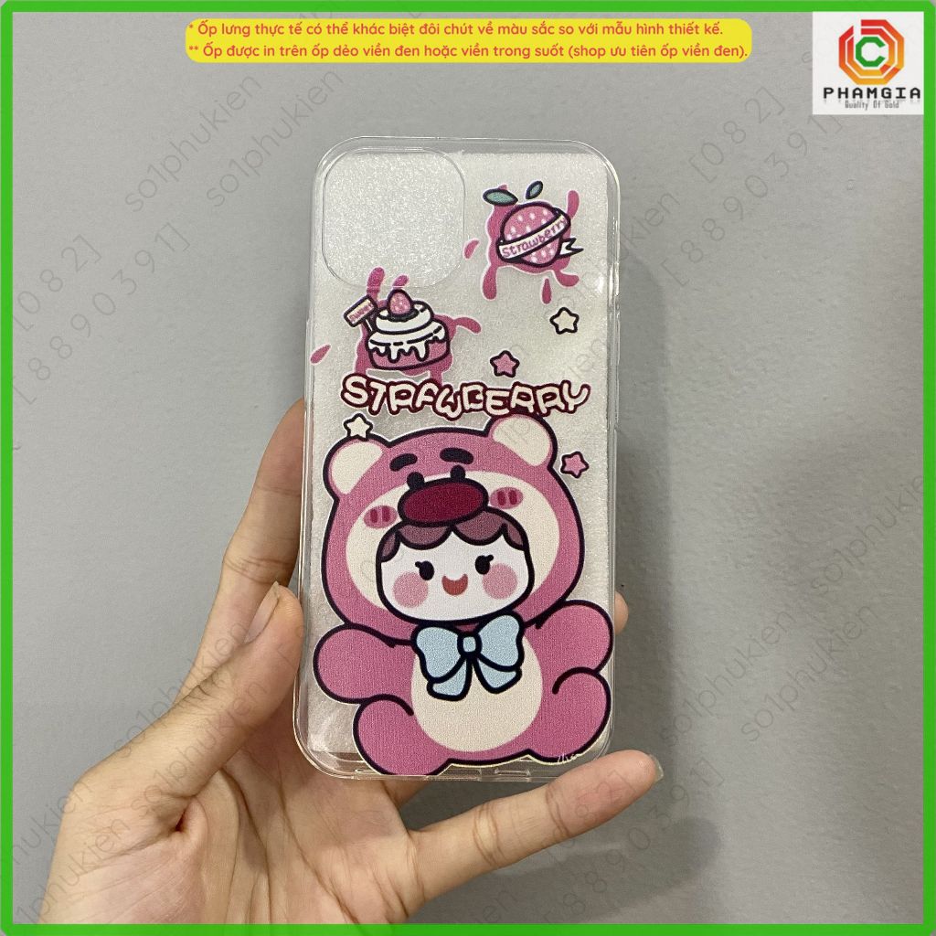 Ốp lưng iPhone 15 14 13 12 11 mini pro plus pro max dẻo trong suốt hình gấu dâu, strawberry mẫu thiết kế dễ thương, đẹp
