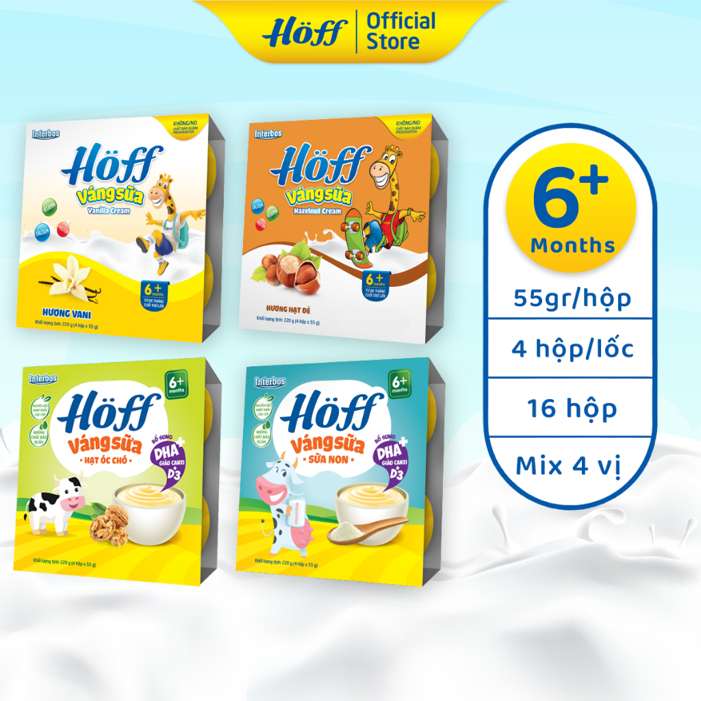 Váng Sữa Hoff mix bốn vị cho bé từ 6 tháng tuổi, giàu protein và canxi, tăng cường hệ  miễn dịch - 4 LỐC (16 hộp x 55g)