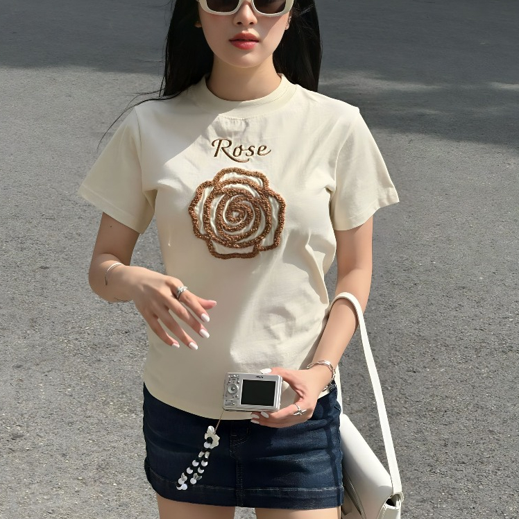 Áo thun baby tee thêu hoa xù mùa thu