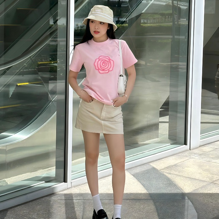 Áo thun baby tee thêu hoa xù mùa thu