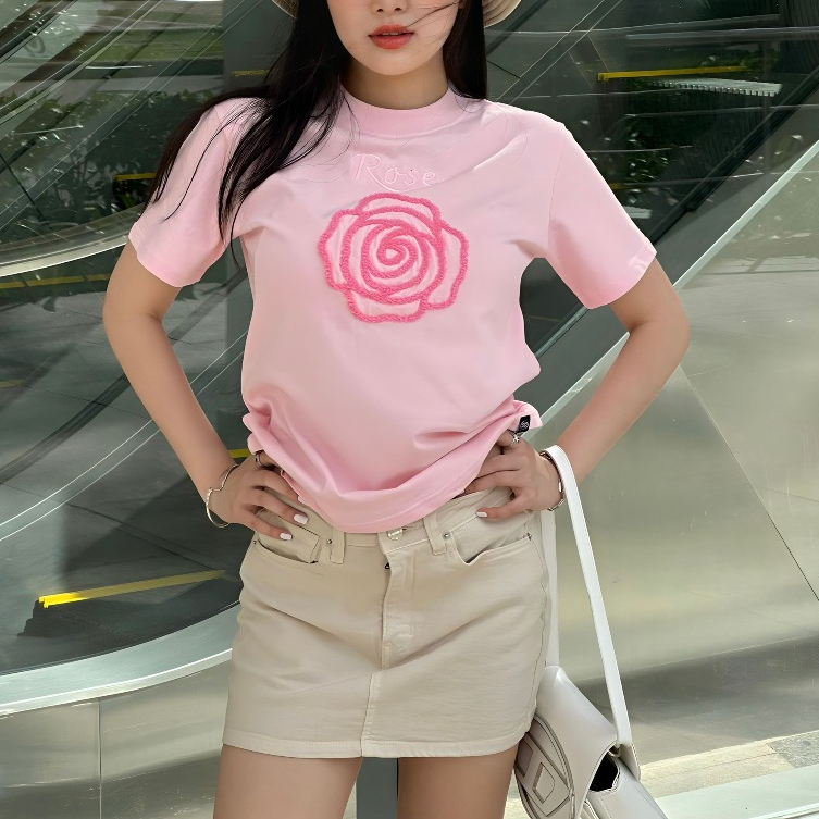 Áo thun baby tee thêu hoa xù mùa thu