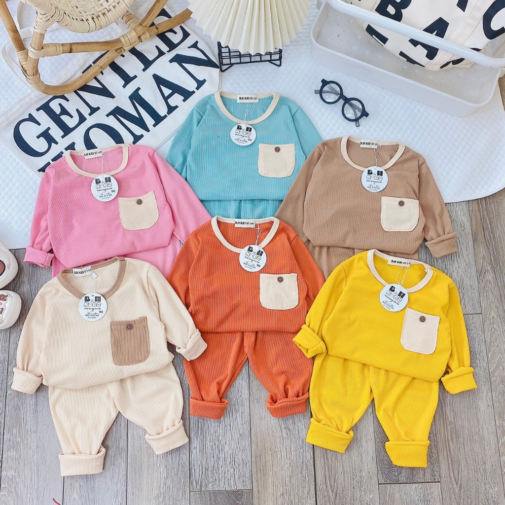 Bộ quần áo dài tay, thu đông, mặc điều hòa, chất thun tăm, phối túi, cho bé trai, bé gái – BD05