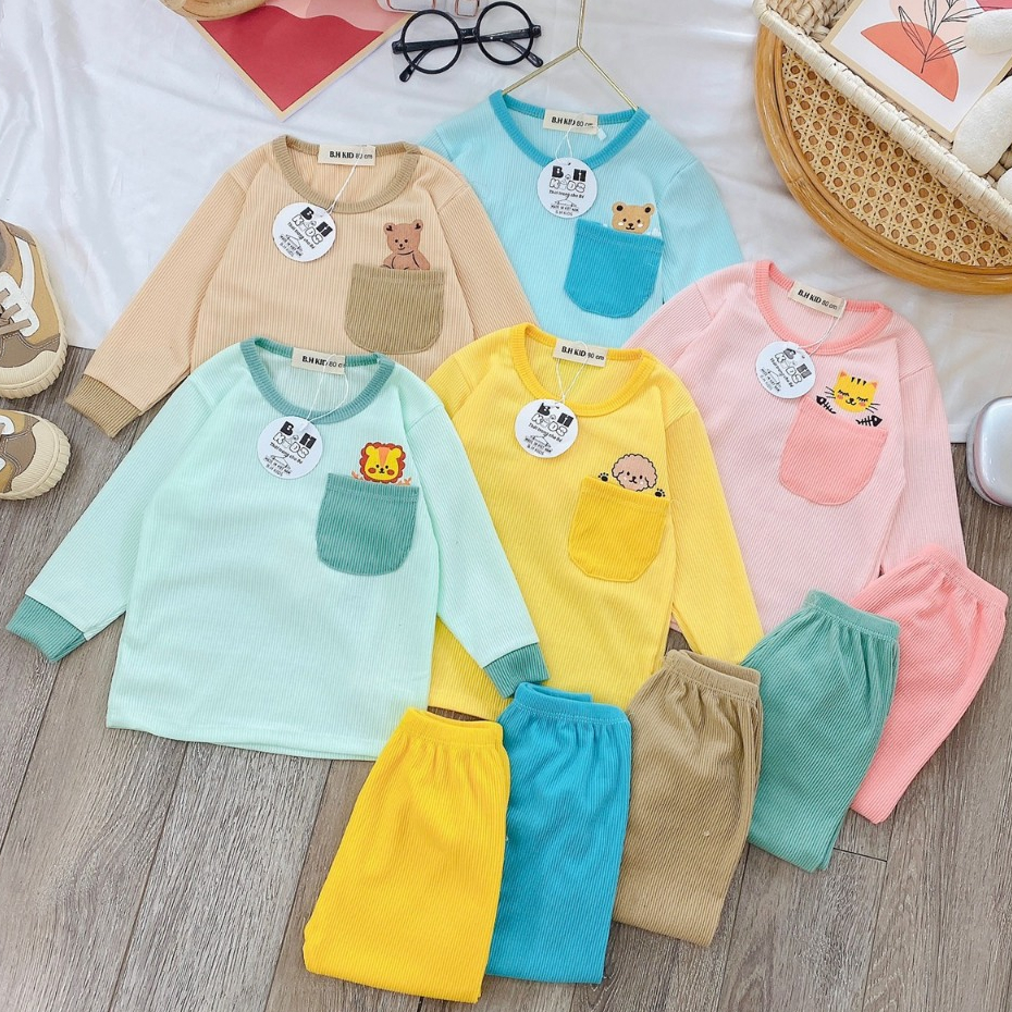 Bộ quần áo dài tay, thu đông, mặc điều hòa, chất thun tăm, phối túi, cho bé trai, bé gái – BD05