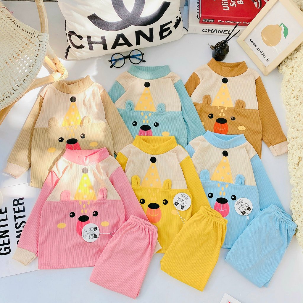 Bộ quần áo thu đông dài tay, chất thun tăm, in hình ngộ nghĩnh có tai, cho bé trai, bé gái – BD04