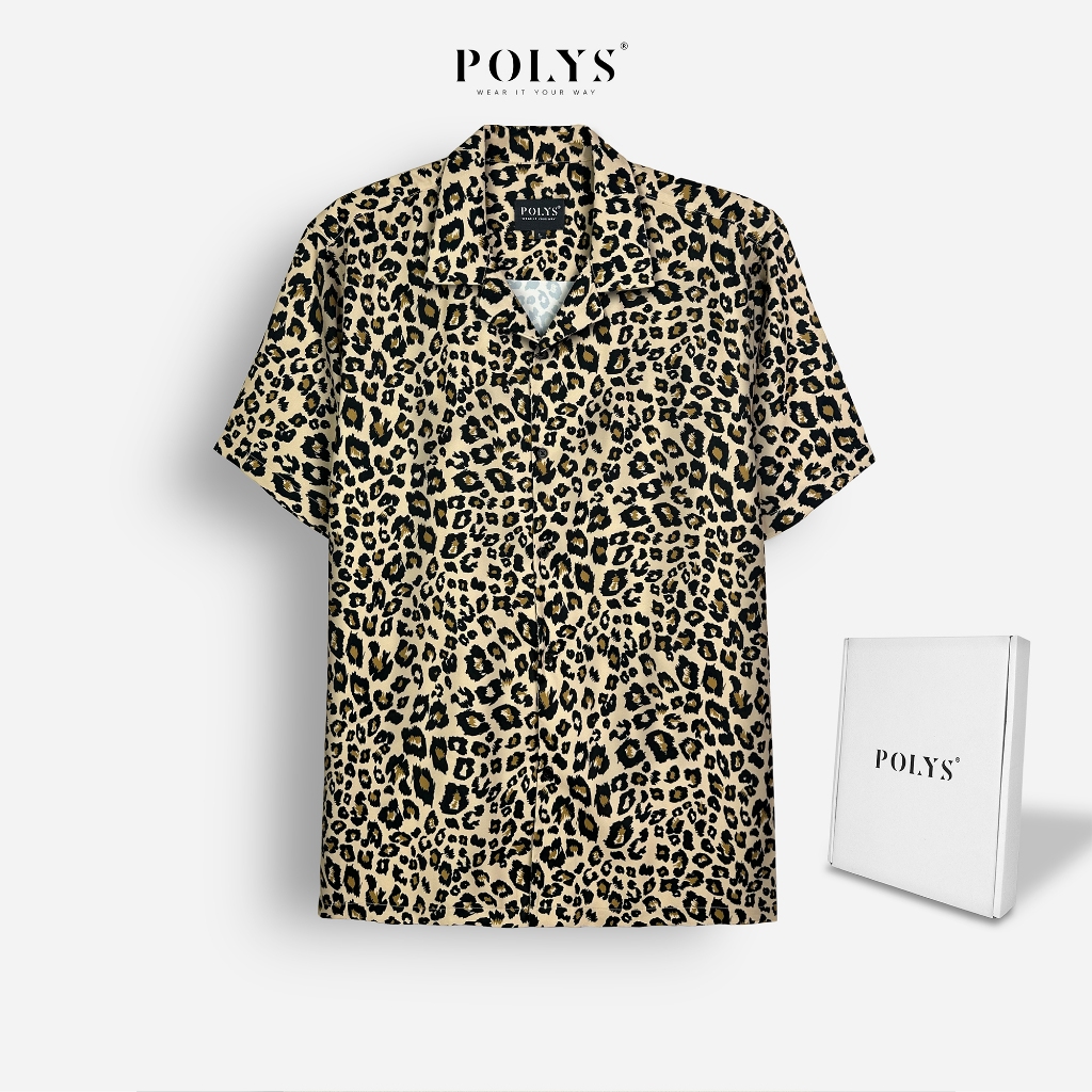 Áo sơ mi nam POLYS Fullbox chính hãng, Lụa Vân Chéo thoáng mát, không nhăn. Áo sơ mi tay ngắn họa tiết Da Báo LEO Shirt