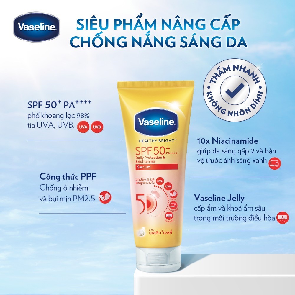 Serum chống nắng cơ thể Vaseline 50x bảo vệ da với SPF 50+ PA++++ giúp da sáng hơn gấp 2X 70/300ml