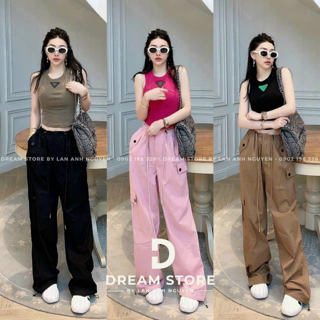 Sét bộ nữ áo 3 lỗ thun gân sang chảnh cá tính mix quần dài ống rộng túi hộp tôn dáng trẻ trung thể thao năng động