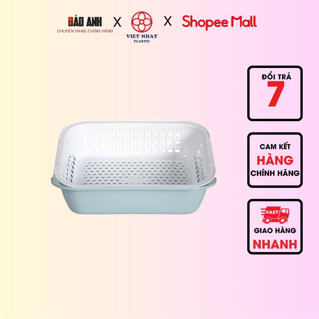 Rổ nhựa chữ nhật 2 lớp (3266) Việt Nhật đựng rau củ quả, Rổ úp cốc chén