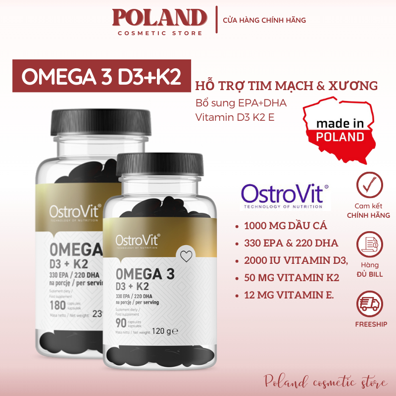 Omega 3 D3+K2 OstroVit cung cấp Omega3 DHA EPA vitamin E hỗ trợ tim mạch, não bộ, giúp xương chắc khỏe 90 viên 180 viên