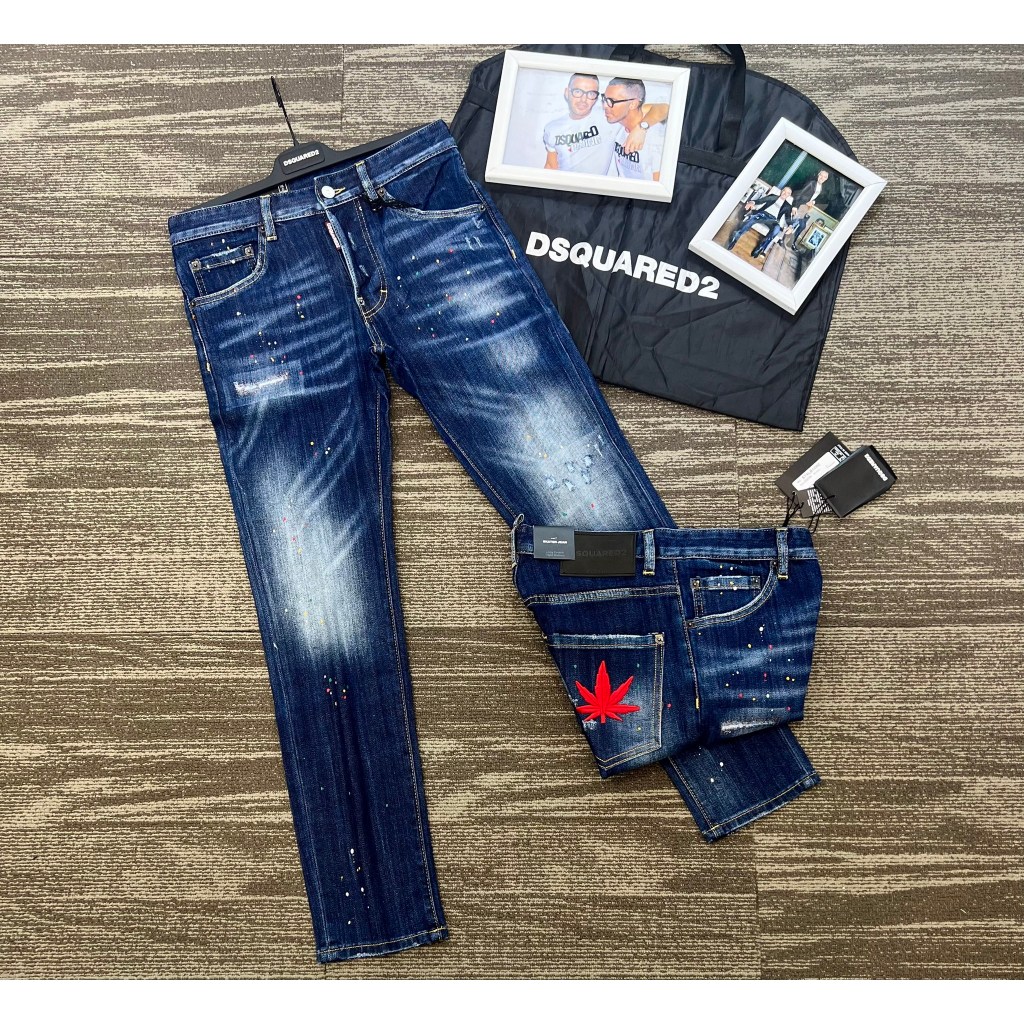 Quần Jean Xanh Phối Lá Đỏ DSQUARED2 Quần Bò DSQUARED Vẩy Sơn Xanh Sáng Chất Co Giãn Phối Loang thời