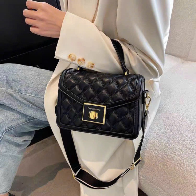 Túi đeo chéo trần trám khoá vuông 2 dây đeo chéo bản to túi công sở