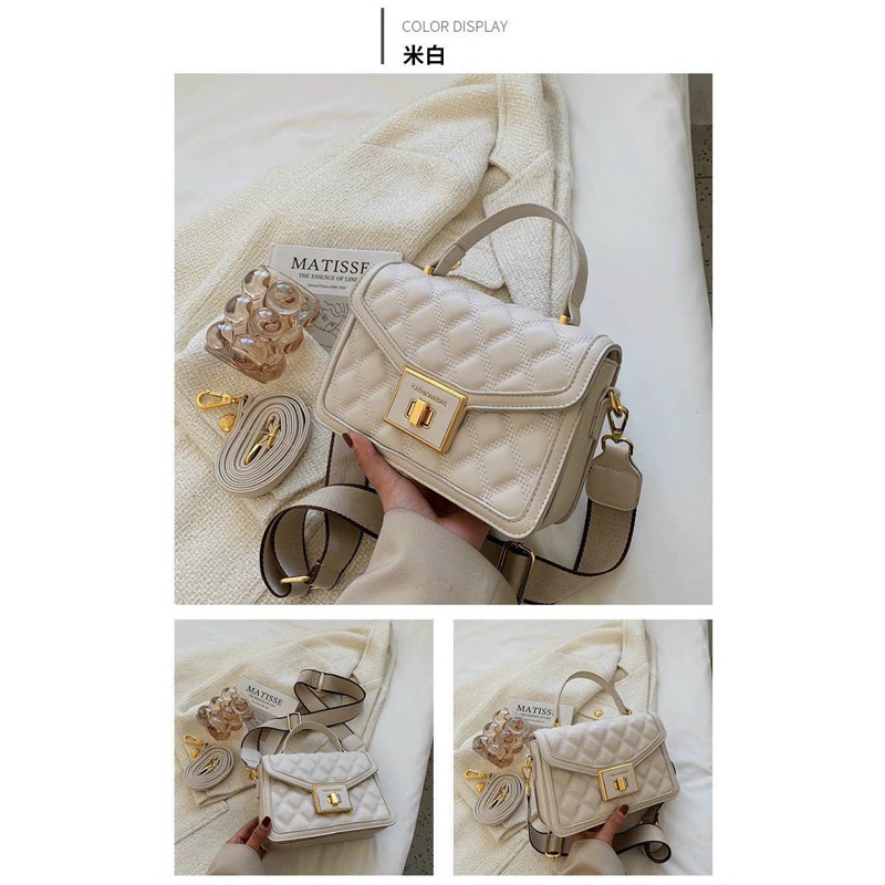 Túi đeo chéo trần trám khoá vuông 2 dây đeo chéo bản to túi công sở