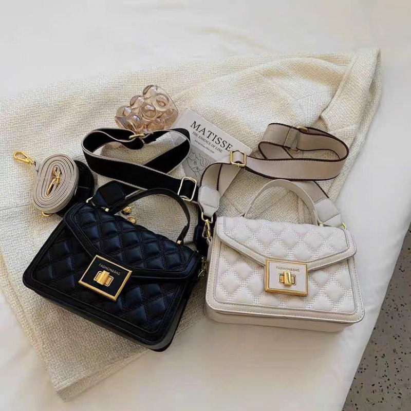 Túi đeo chéo trần trám khoá vuông 2 dây đeo chéo bản to túi công sở