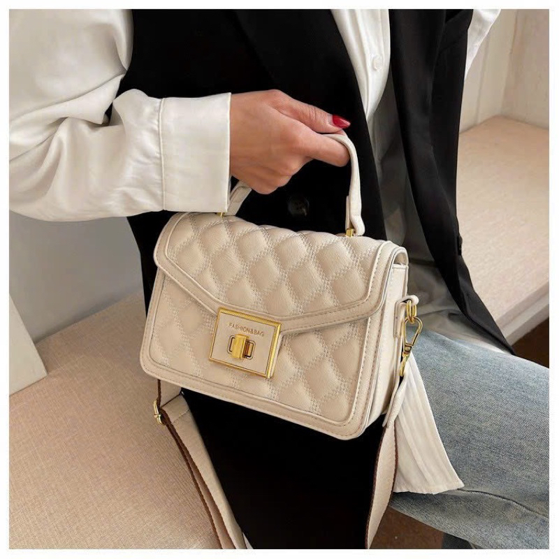 Túi đeo chéo trần trám khoá vuông 2 dây đeo chéo bản to túi công sở