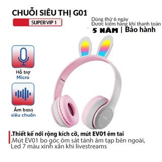 Tai nghe over-ear bluetooth P47R tai thỏ GROWNTECH có thể gập lại đèn led 7 màu bảo hành 2 năm