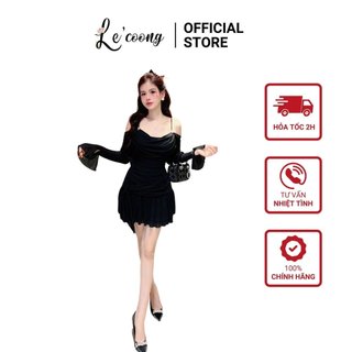 Váy trễ vai dáng ngắn đen be lecoong v466 đầm dự tiệc nhún vai sang chảnh
