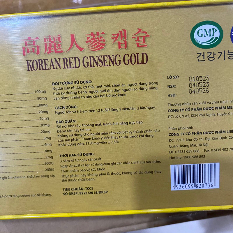 Viên ĐẠM HỒNG SÂM Linh chi - Đông trùng hạ thảo - KOREAN RED GINSENG Gold- Giúp bồi bổ cơ thể ,ăn ngon ngủ tốt