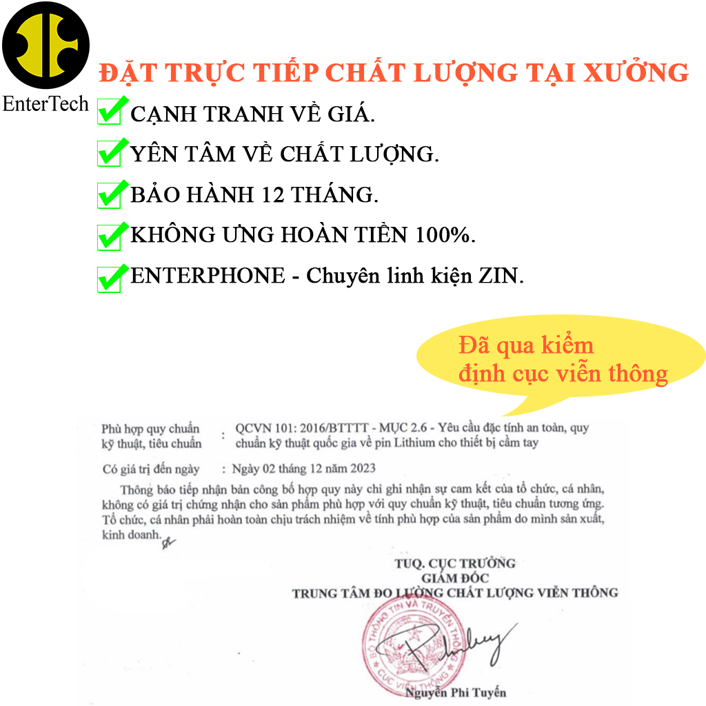 Pin dùng cho ĐT 6G/ 6S chính hãng EnterTech bảo hành 12 tháng.