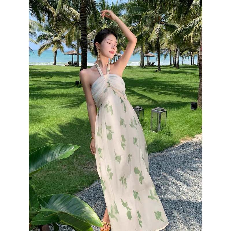 Váy nữ đi biển Đầm đi biển maxi 2 dây thiết kế dáng dài cổ yếm siêu xinh Váy hoa maxi mùa hè Đầm hoa maxi cổ yếm đi biển