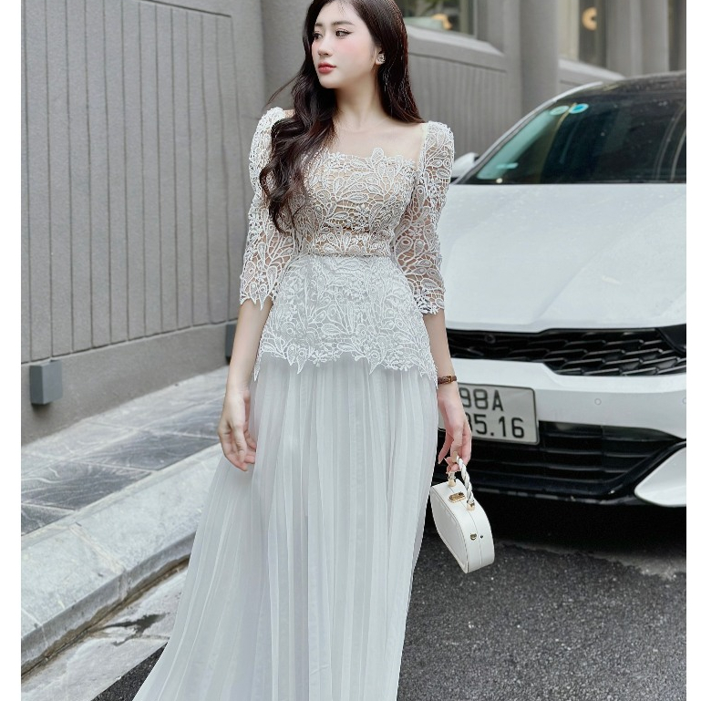 Váy thiết kế chất liệu vải ren Hàn váy dập ly quạt xoè rộng