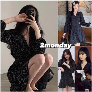 Đầm váy cổ v vạt chéo dài tay hoạ tiết chấm bi thắt eo dáng xoè