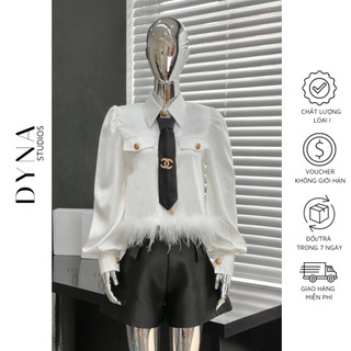 Áo sơ mi 𝐀𝐒𝐇𝐘𝐋𝐄𝐘 đính lông, cà vạt kèm tag gài và quần tafta