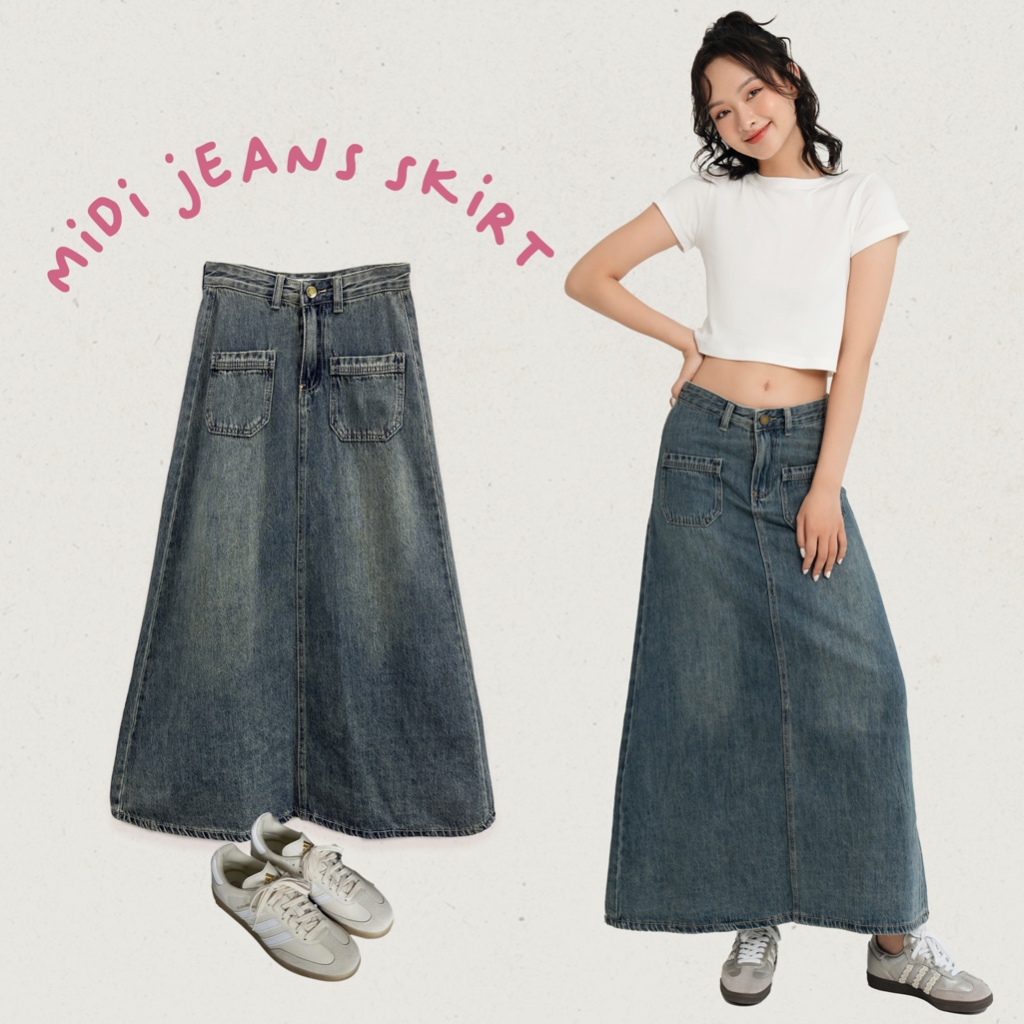 BLEUBIRD Chân váy denim dáng dài Midi Jeans Skirt