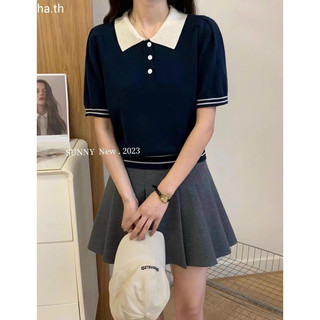 Áo len mongtoghi cổ bẻ trơn màu dáng len basic cộc tay 051