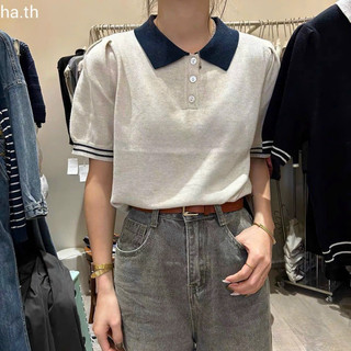 Áo len mongtoghi cổ bẻ trơn màu dáng len basic cộc tay 051