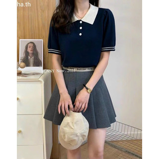 Áo len mongtoghi cổ bẻ trơn màu dáng len basic cộc tay 051