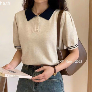 Áo len mongtoghi cổ bẻ trơn màu dáng len basic cộc tay 051