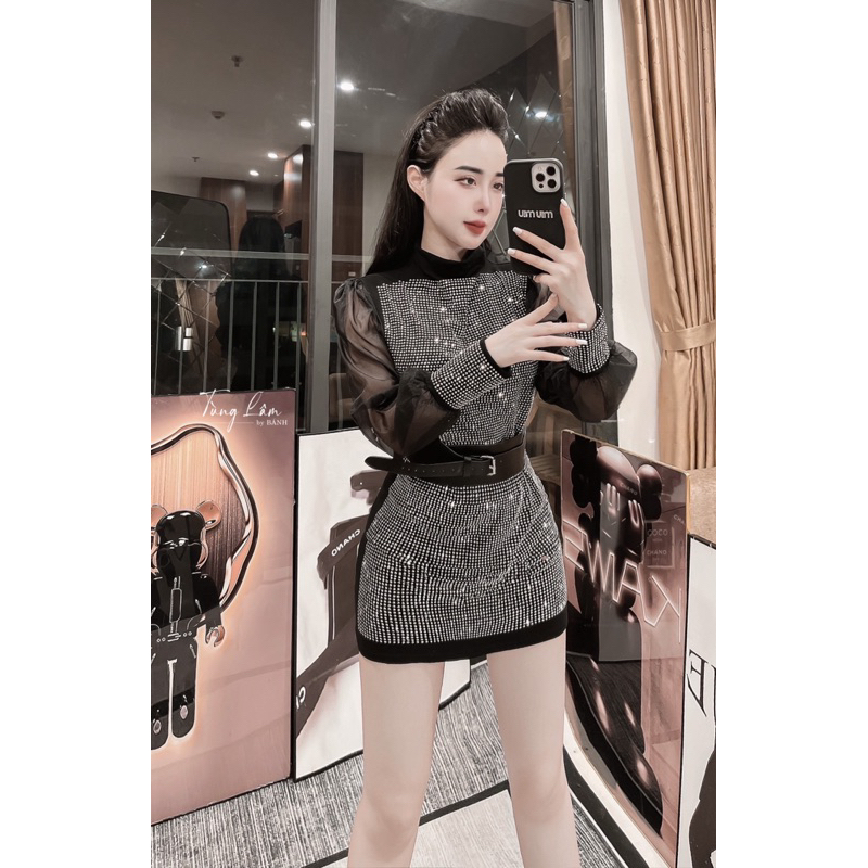 Đầm bling đi tiệc đá kèm đai hàng nhập cao cấp loại 1