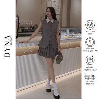 Set váy 𝐀𝐒𝐇𝐘𝐋𝐄𝐘 áo vest sát nách, chân váy xếp ly, cổ áo rời