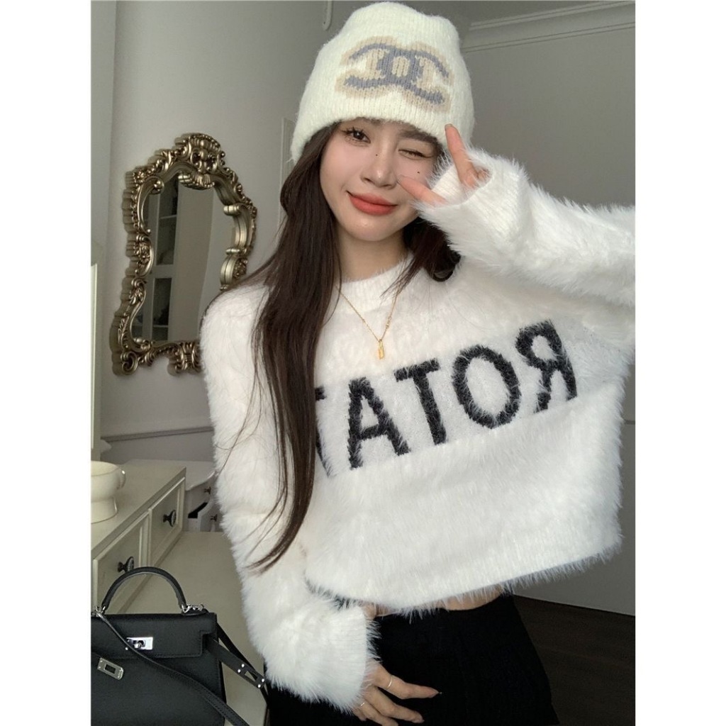 Áo crotop len lông thỏ siêu mềm mại dày dặn hàng chuẩn cao cấp chữ thêu ROTATO