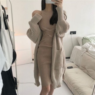 Set 2 món áo khoác len cardigan dáng dài váy body len tăm co giãn thoải mái tôn dáng