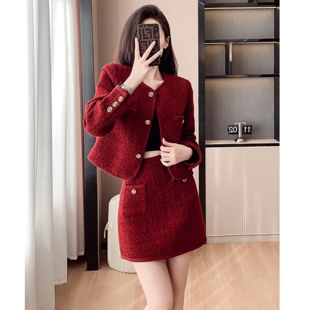 Sét Dạ 2 Món ĐỎ-ĐEN Cách Điệu Xinh Cho Bạn Gái Mùa Thu Đông