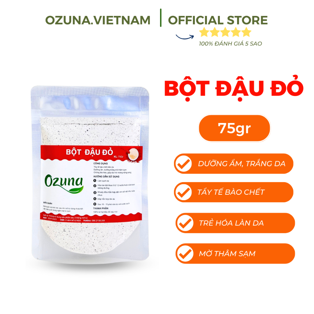 Bột đậu đỏ nguyên chất xay mịn 100% chăm sóc da mặt tẩy da chết dưỡng trắng body Ozuna Việt Nam | BigBuy360 - bigbuy360.vn