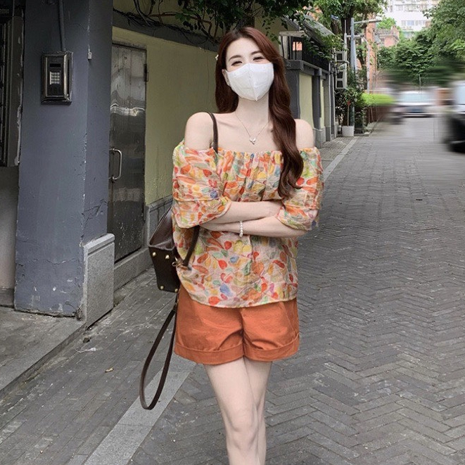 Sét áo kiểu, áo hoa trễ vai tiểu thư quần sooc cam siêu tôn da sang sảnh dạo phố, đi chơi, có bán set lẻ