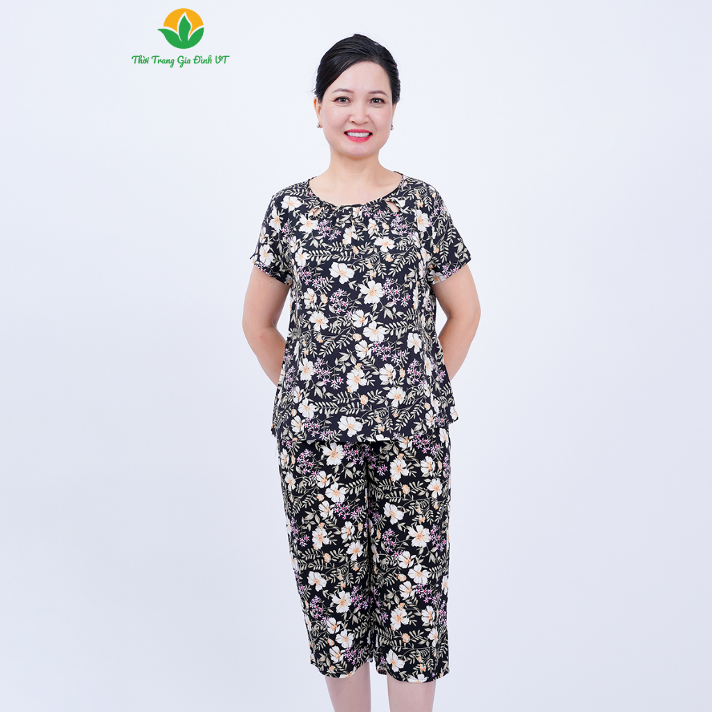 Bộ mặc nhà trung niên mùa hè Việt Thắng, quần lửng, áo cộc tay , chất lanh B06.2327