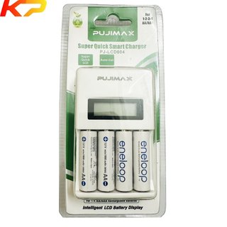 Bộ sạc nhanh tự ngắt khi đầy Pujimax kèm sẵn 4 Pin AA Eneloop Cao cấp