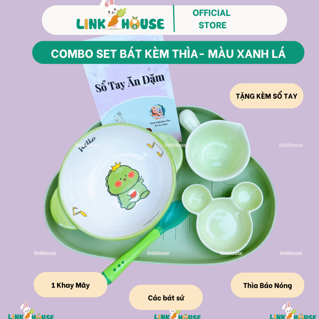 Set Bát Sứ, Chén Sứ Ăn Dặm Kiểu Nhật Màu Xanh Lá Hình Ngộ Nghĩnh Tặng Thìa Báo Nóng Đồ Dùng Ăn Dặm Từ 5 Tháng Cho Bé