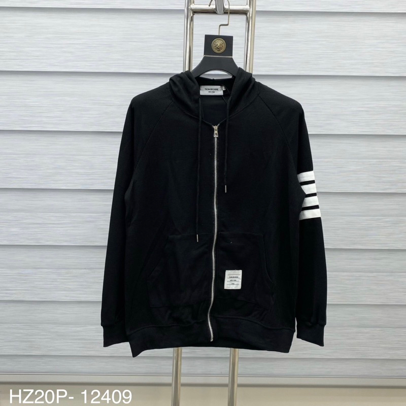 Áo khoác hoodie zip Thom Browne nam nữ thêu 4 sọc kẻ trắng tay logo chữ chất vải gạo dày dặn đẹp HZ20P
